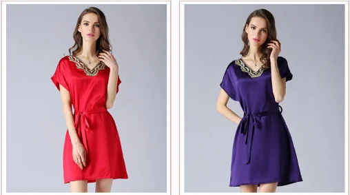 100% mulberry silk elegant lady silk sleep dress short sleeved silk pajamas