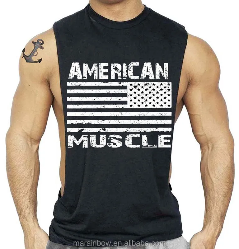Black 100 Cotton Mens Muscle Deep Cut Tank Tops Custom Printed Mens