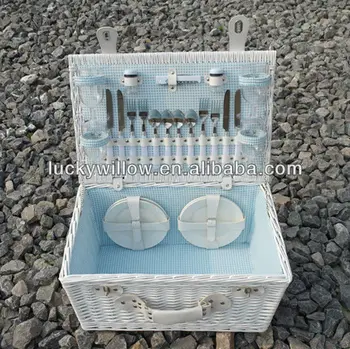 White Wicker Wedding Picnic Basket Hamper With Cutlery And Lid For 4