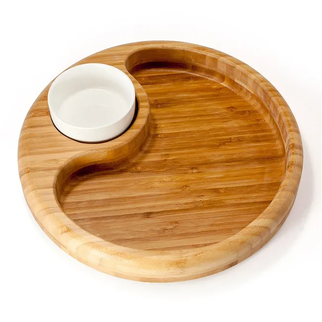 Round Strong Functional Bamboo Serving Food Tray With Ceramic Bowl