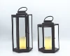 BLACK METAL GLASS HEXAGON LANTERN WITH BATTERY OPERATED LED PLASTIC CANDLE INSIDE
