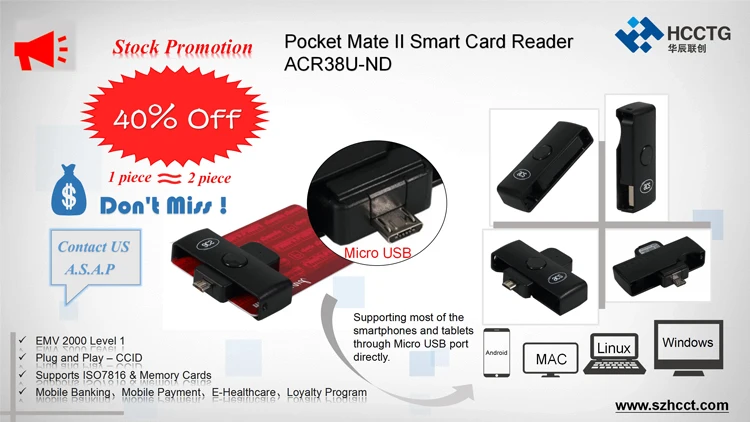 MicroUSB PocketMate II Mobile EMV Android Tablet Smart Card Reader ACR38U-ND