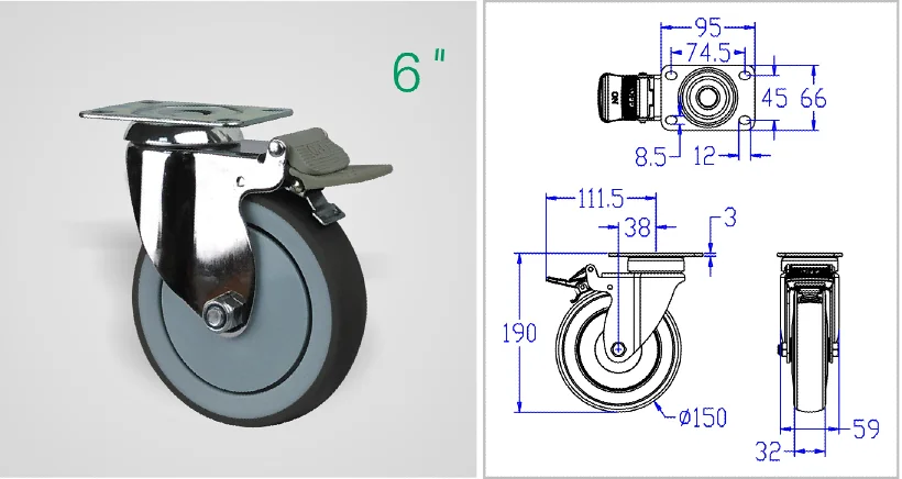 6" TPR Swivel Medical Caster wheel with brake