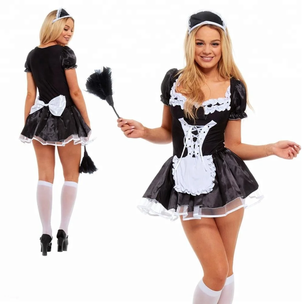 Hot  Satin French Maid Adult Uniform Fancy Dress Costume Hen Party Outfit UK 