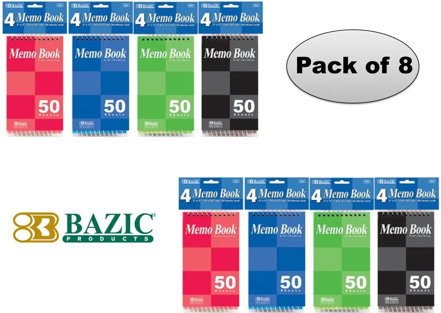 Bazic Top Bound Spiral Memo Books, 3-Inch-by-5-Inch, 50 Sheets Per Book, Total 8 Memo Books