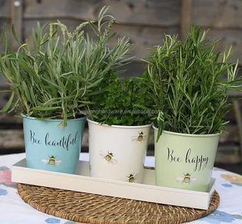 Lovely Bee Pattern Mini Metal Herb Pots Flower Succulent Plants Pot Lovely Bee Pattern Mini Metal Herb Pots Flower Succulent Plants Pot With Galvanized Tray