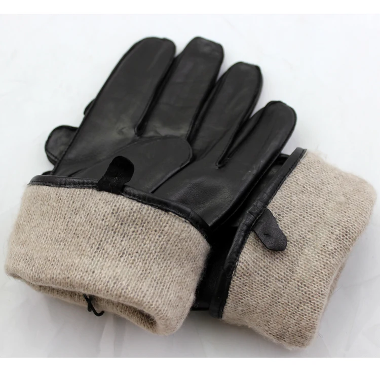 Men 's touch screen leather gloves with leather belt and woolen lining