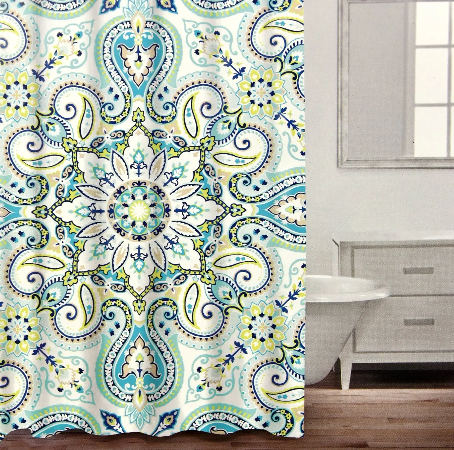 navy and green shower curtain