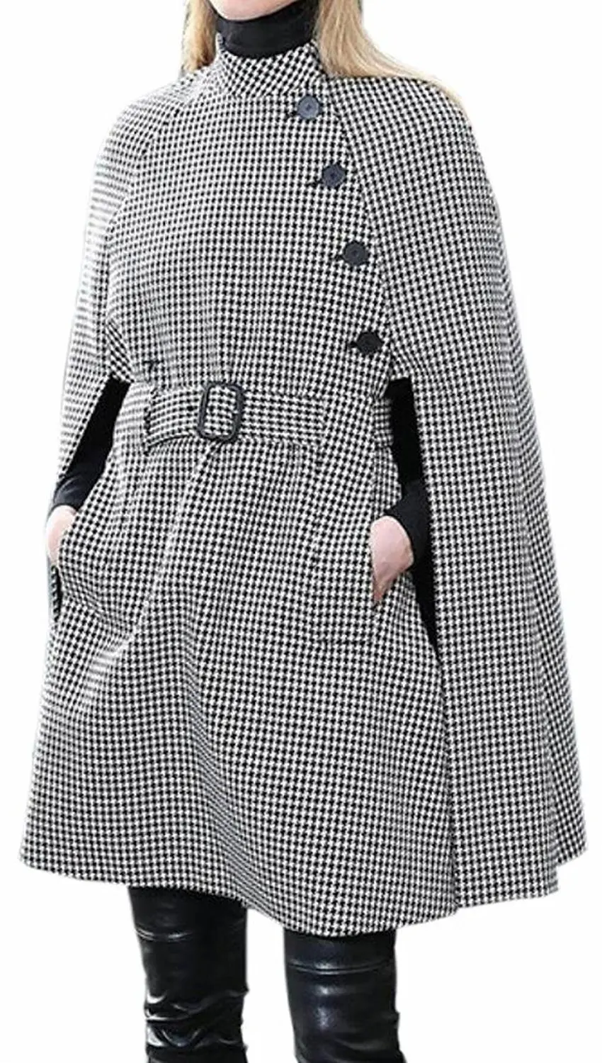 Pivaconis Womens Loose Houndstooth Thicken Long Trench Pea Coat Jacket Outerwear