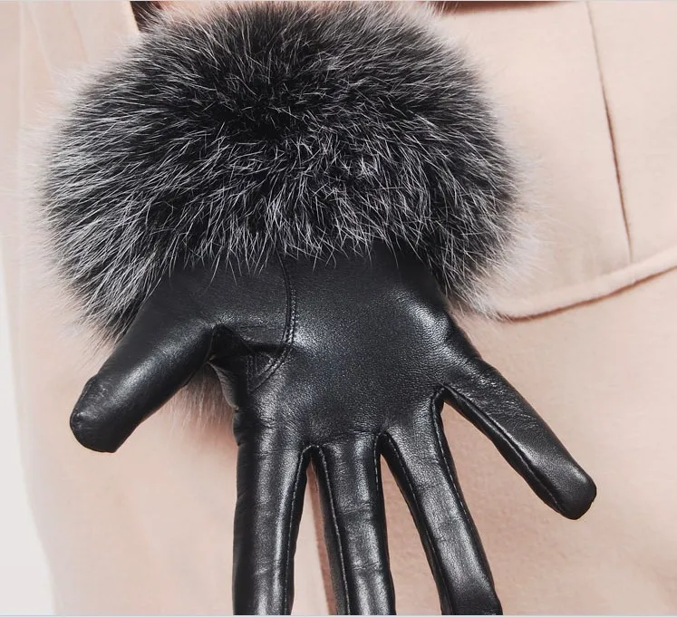 Female red fake leather gloves with customized fake fur winter gloves