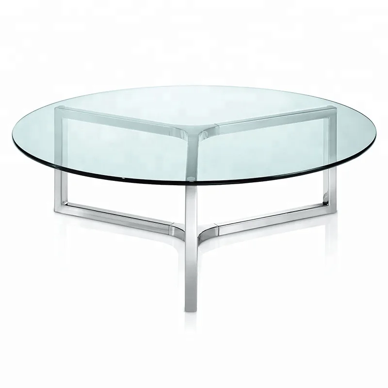 High Gloss Round Tempered Clean Glass Tea Table Design Coffee Foshan With Stainless Steel Legs