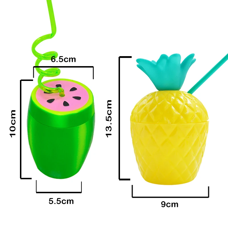 615084 Plastic Tropical Fruit Shape Watermelon Drink Cups Green Straws