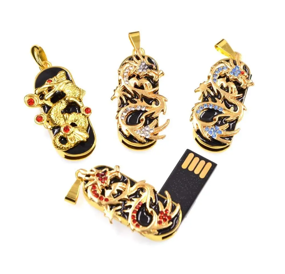 Creative Crystal Dragon USB Flash Drive - 32GB Gold Pendrive with Necklace - ANKUX.COM