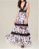 chinese clothing wholesale women tiered design Sexy deep V-neck Sweeping maxi dress with chic lace trim