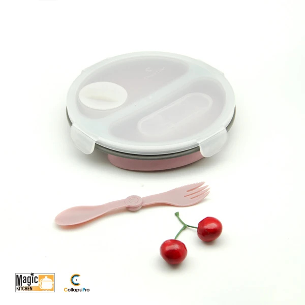 2-Compartment Round Silicone Lunch Box Food Storage Container With Fork Spoon