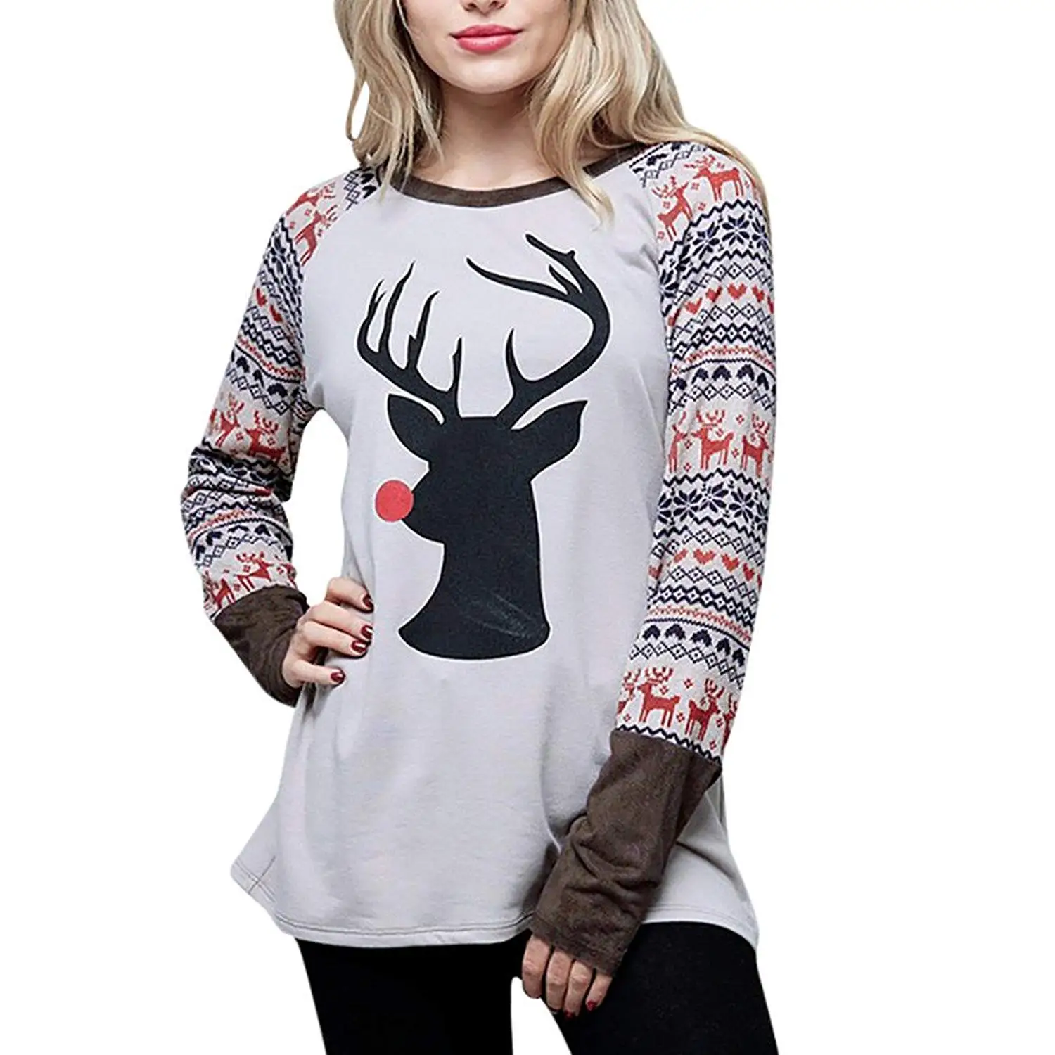 Elk Print Blouse,Han Shi Women Christmas Patchwork Crewneck Long Sleeve Loose Shirt Tops
