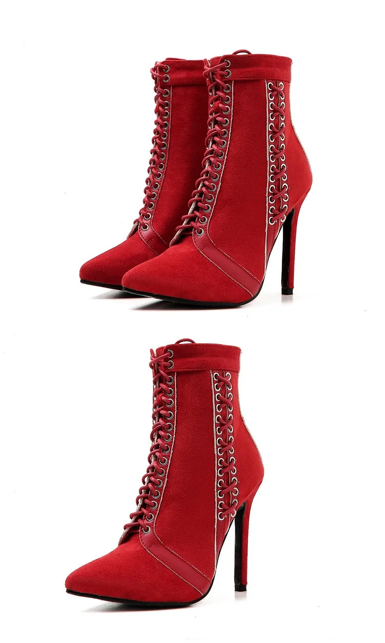 Csb23 2019 Women Pointed Toe Tie Up Ankle Boots Thin High Heel Shoes