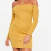 Mustard ribbed popper front bodycon dress Sexy plain off the shoulder lady evening party dress custom