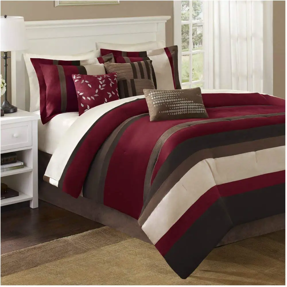 Luxury Modern Striped Design Bedding Comforter Set on Sale, 7 Piece, Red, C...