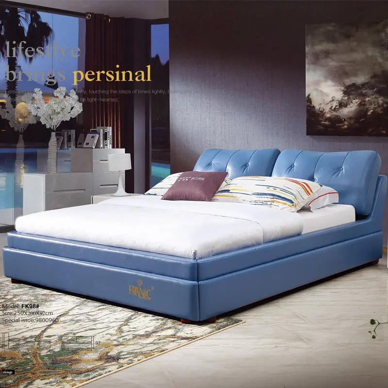 Simple lifestyle sky blue model furniture bedroom leather beds
