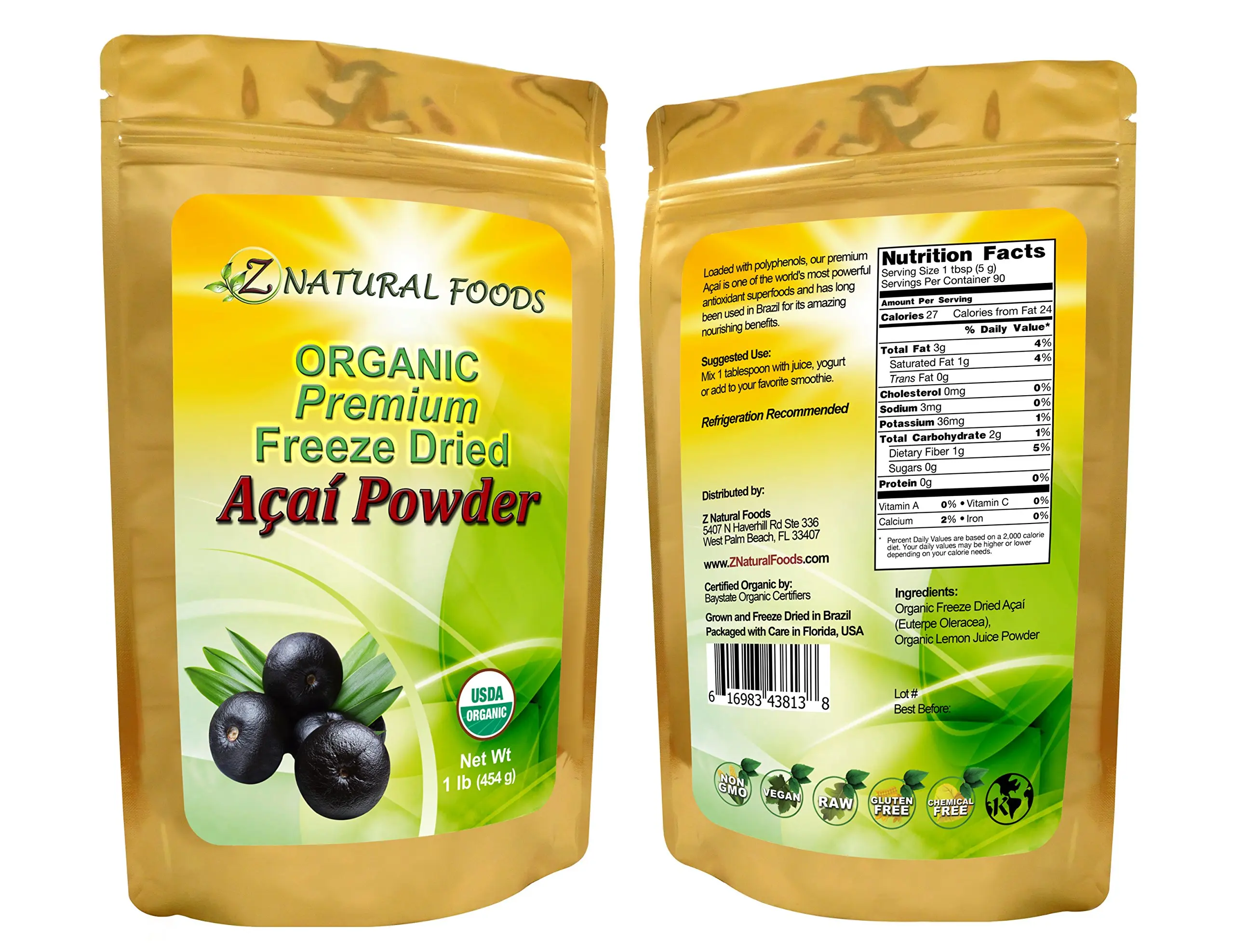 Fresh, Organic Raw Acai Berry Powder, Superfood - Antioxidant, Premium, Non-GMO, Freeze-Dried, 16 oz (1 lb)