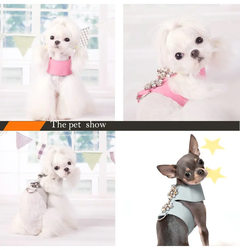 Small Kitten Cat Teddy dog accessories Soft Suede Fabric Fashion jewels puppy Dog Harness with leash set