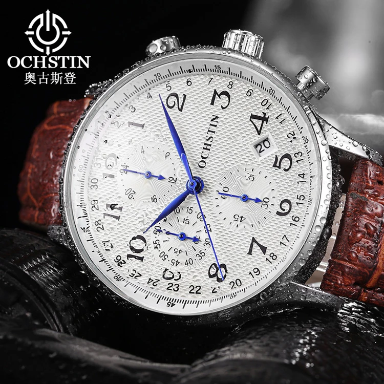 OCHSTIN GQ050C Top Brand Genuine Leather Men's Japan Movement Luxury Calendar Chronograph 6 Pins Analog Quartz Wrist Watches