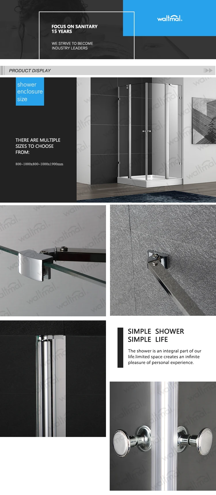 Waltmal Aluminium Frame Material and Square Tray Style Double Pivot Door Shower Cabin