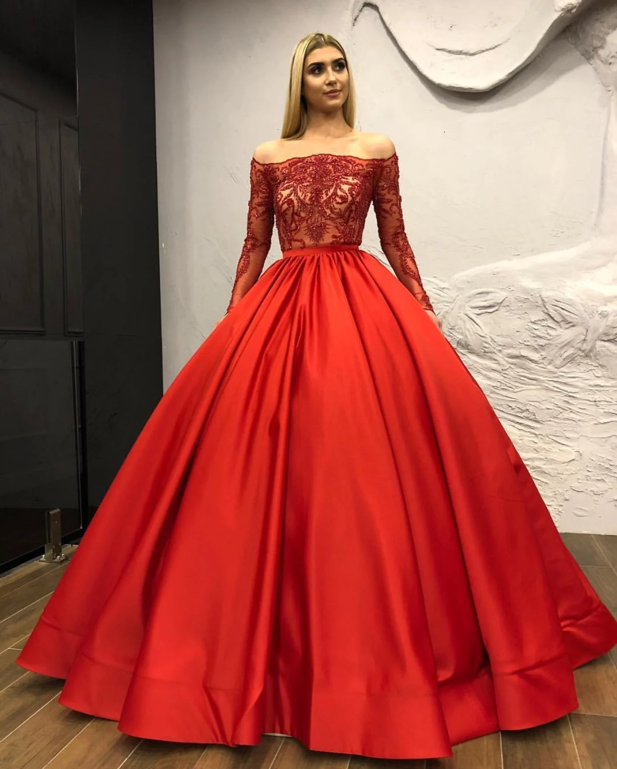 red evening gown long sleeve