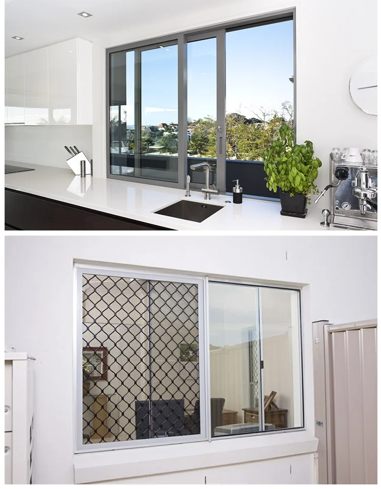 AS2047 aluminium frame 2 panels sliding glass window with stainless steel mesh