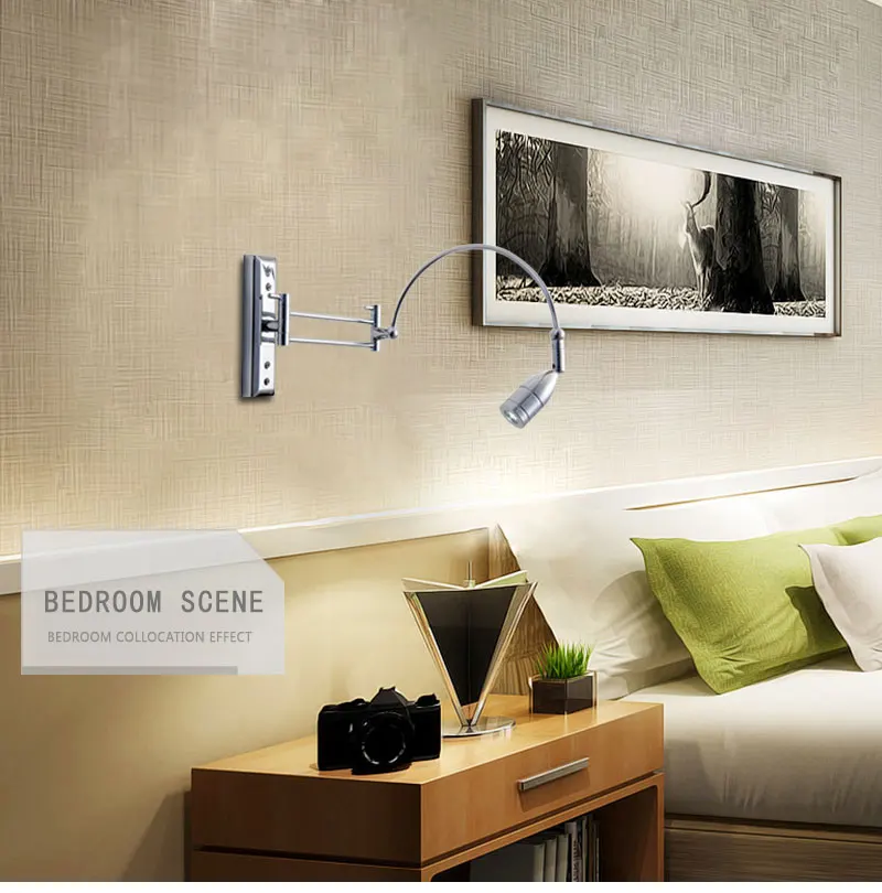 Chrome wall lamp modern led swing arm wall lamp for reading room and bedroom hotel