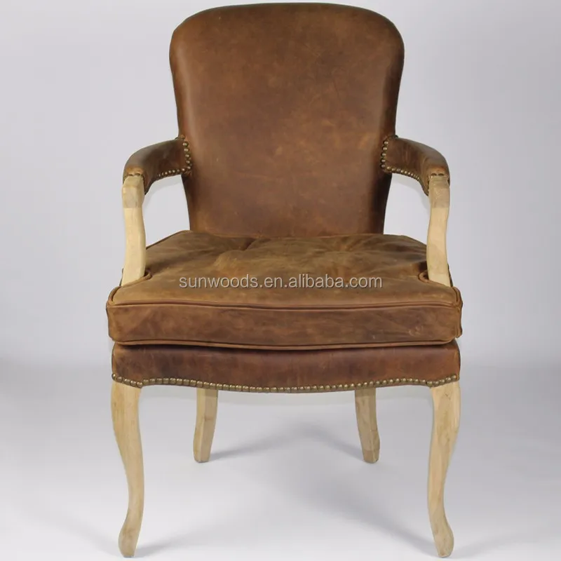 Comedor de madera de estilo francés de la vendimia de cuero marrón ... Sillas de juego de comedor con brazo