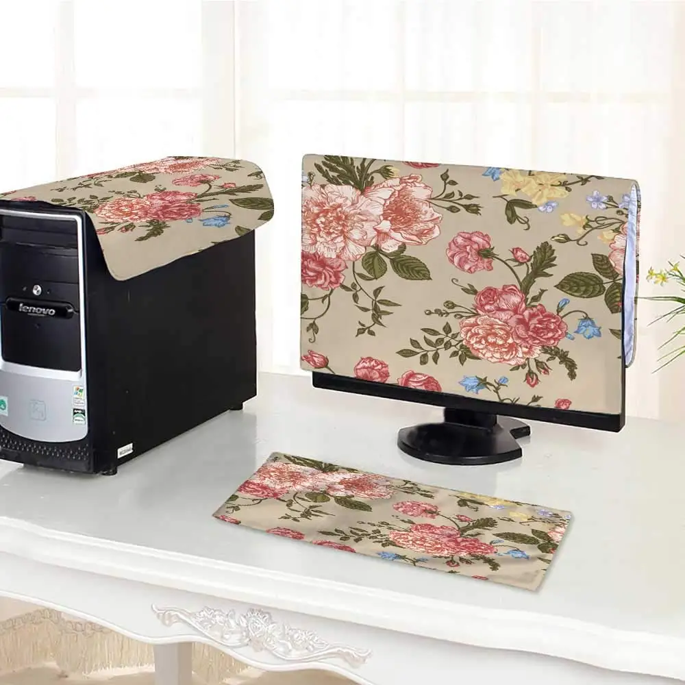 UHOO2018 Keyboard dust Cover Computer 3 Pieces with Flowers on a Beige Background Peonies Roses Computer dust Cover /21"