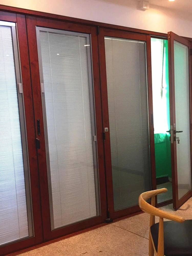 Interior aluminium cheap folding glass door with inside blinds for house