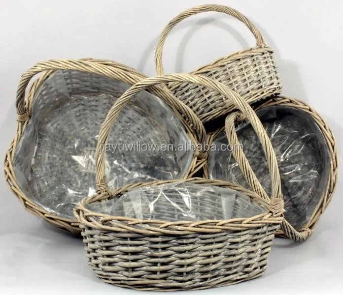 Set Of 4 Grey Washed Wicker Heart Shaped Baskets With Handles Buy