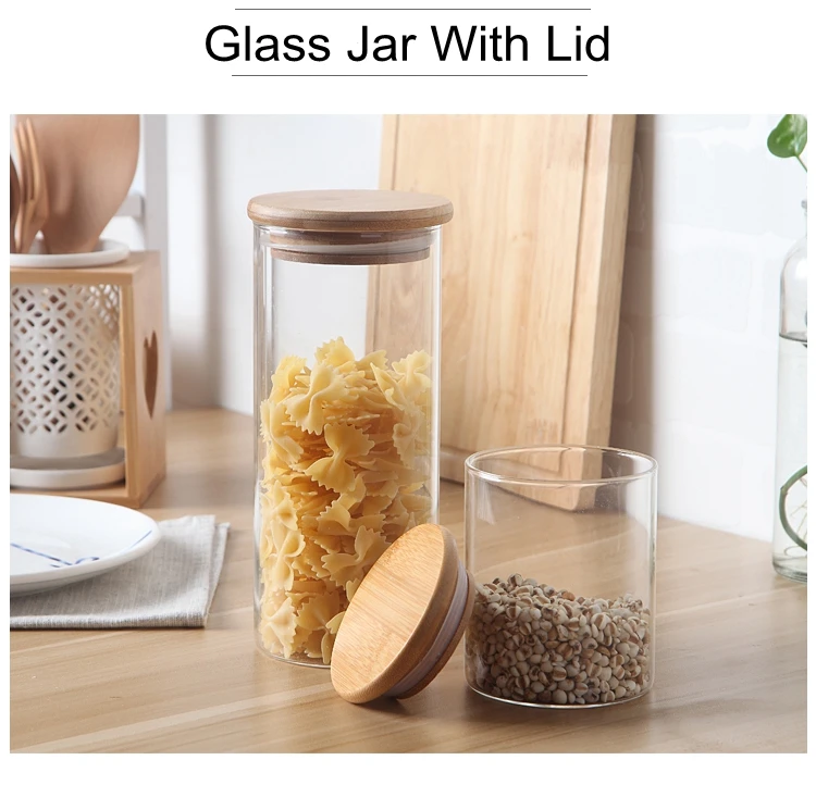 Customized Large Round Frosted Clear Glass Jar With Bamboo Lid Cork Lid