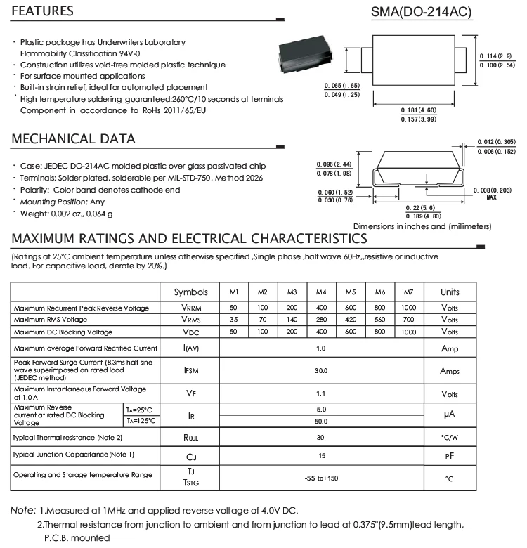 1a 1000v Diode 1n4007 / M7 /s1m Smd General Purpose Rectifier Diode ...