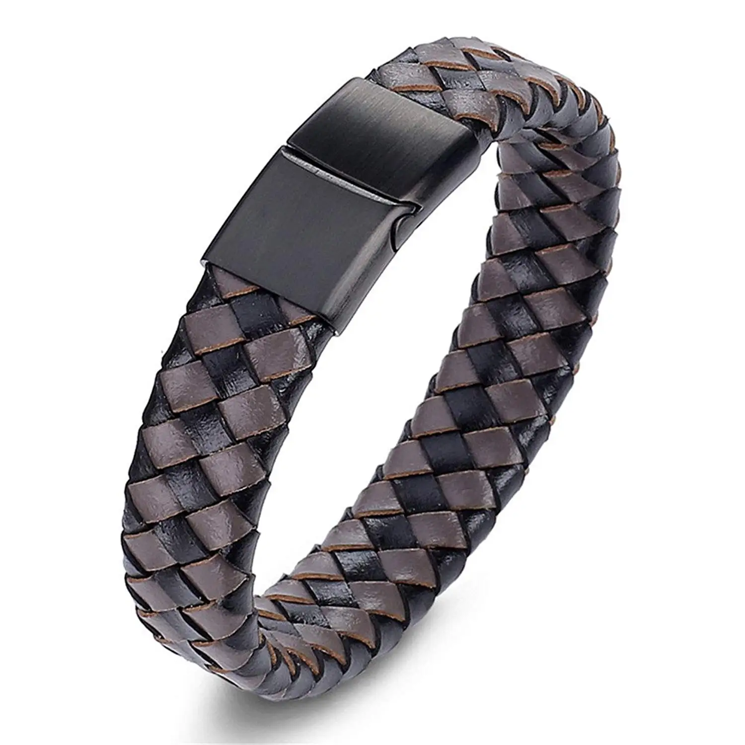 LiFashion LF Mens Free Engraving Personalized Name Date Stainless Steel Genuine Braided Wide Leather Bracelet Heavy Cuff Bangle for Boyfriend Dad Husband Gift Customized,Brown Black