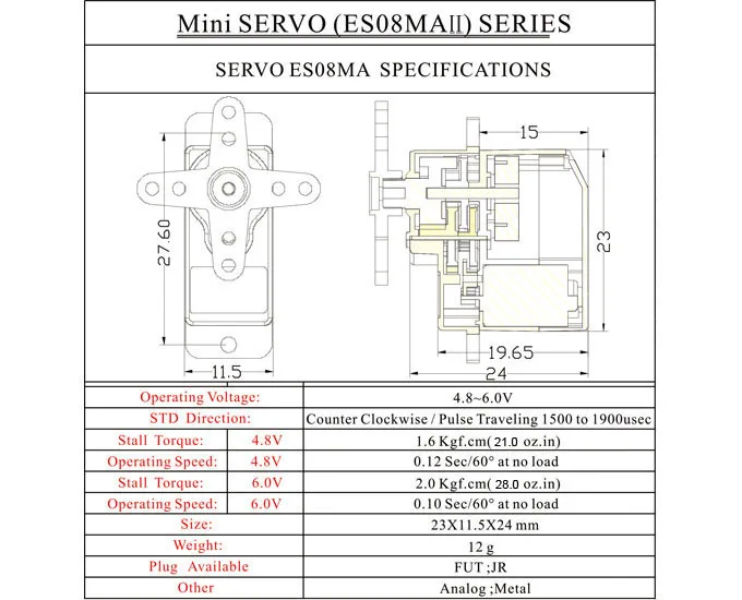 1.8kg 1PC  ES08MA II 12g 10sec Metal Gear Miniature Servo