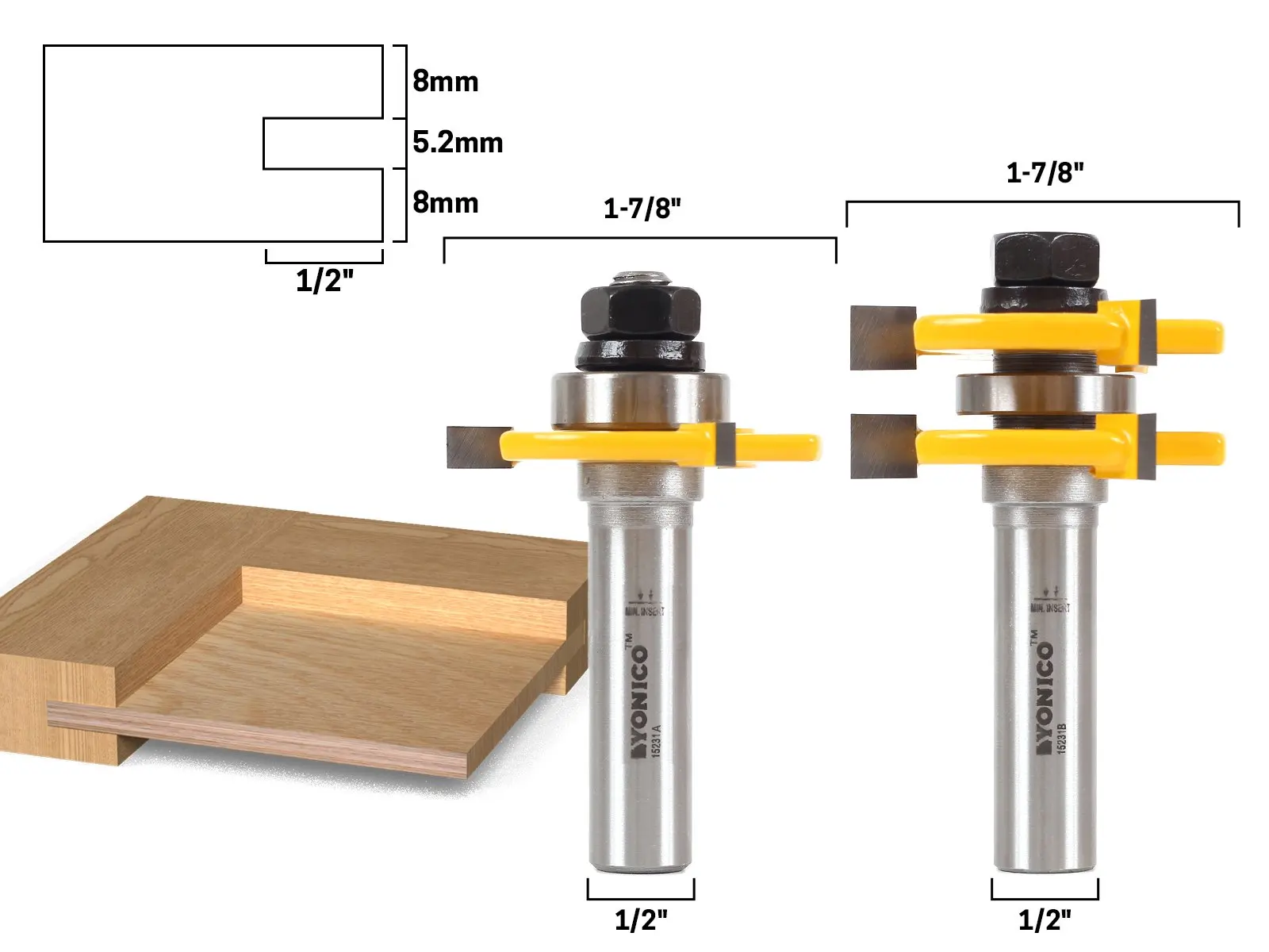 Yonico 15231 1/4-Inch Plywood 2 Bit Plywood Tongue and Groove Router Bit Set 1/2-Inch Shank