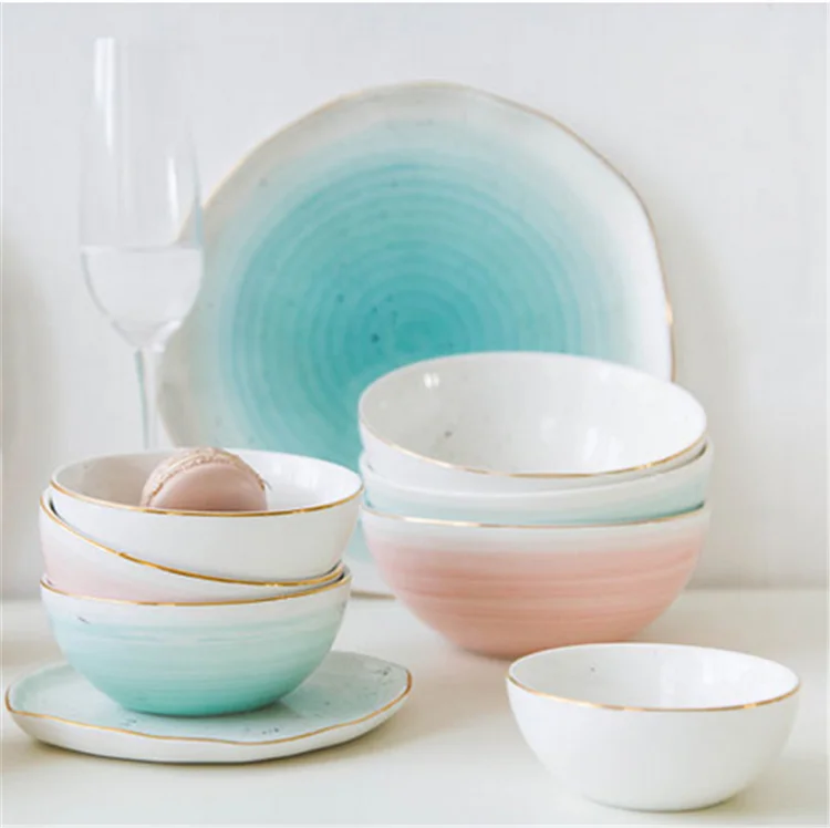 New design kitchen plate gold rim spiral crockery ceramic dinnerware set for banquet