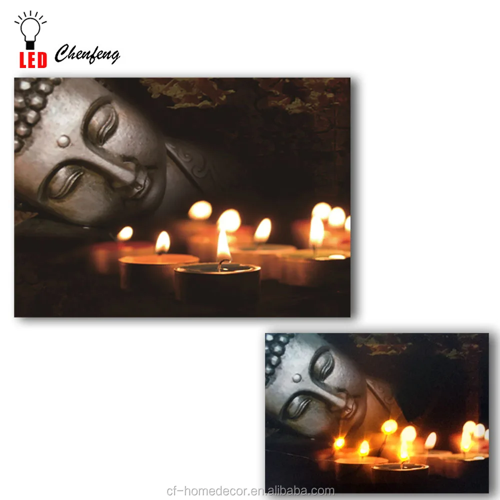 Lighted wall pictures flicking buddha head with candles painting led lights artwork printing battery open 12X16INCH