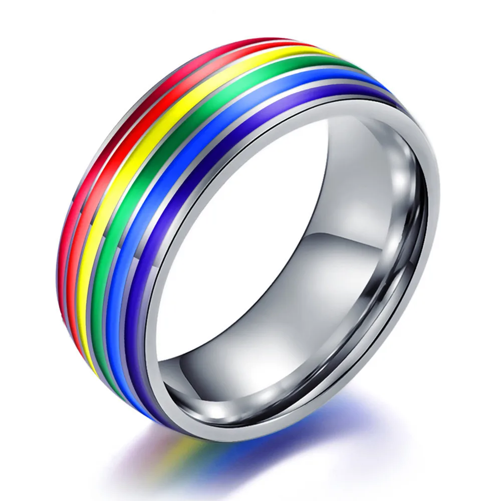 8mm Titanium Stainless Steel Rainbow Enamel Gay Lesbian Wedding Engagement Promise Band Pride 