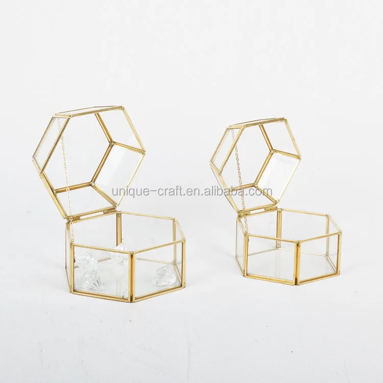Wholesale Hexagonal Gold Glass Jewellery Box Display, Clear Glass Vase Shadow Boxes with Hinged Top Lid