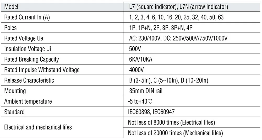 6KA Mini circuit breaker L7 Din rail AC PV DC 1P DPN 2P 3P TPN 4P 1A 2A 3A 4A 6A 10A 16A 20A 25A 32A 40A 50A 63A 6KA MCB