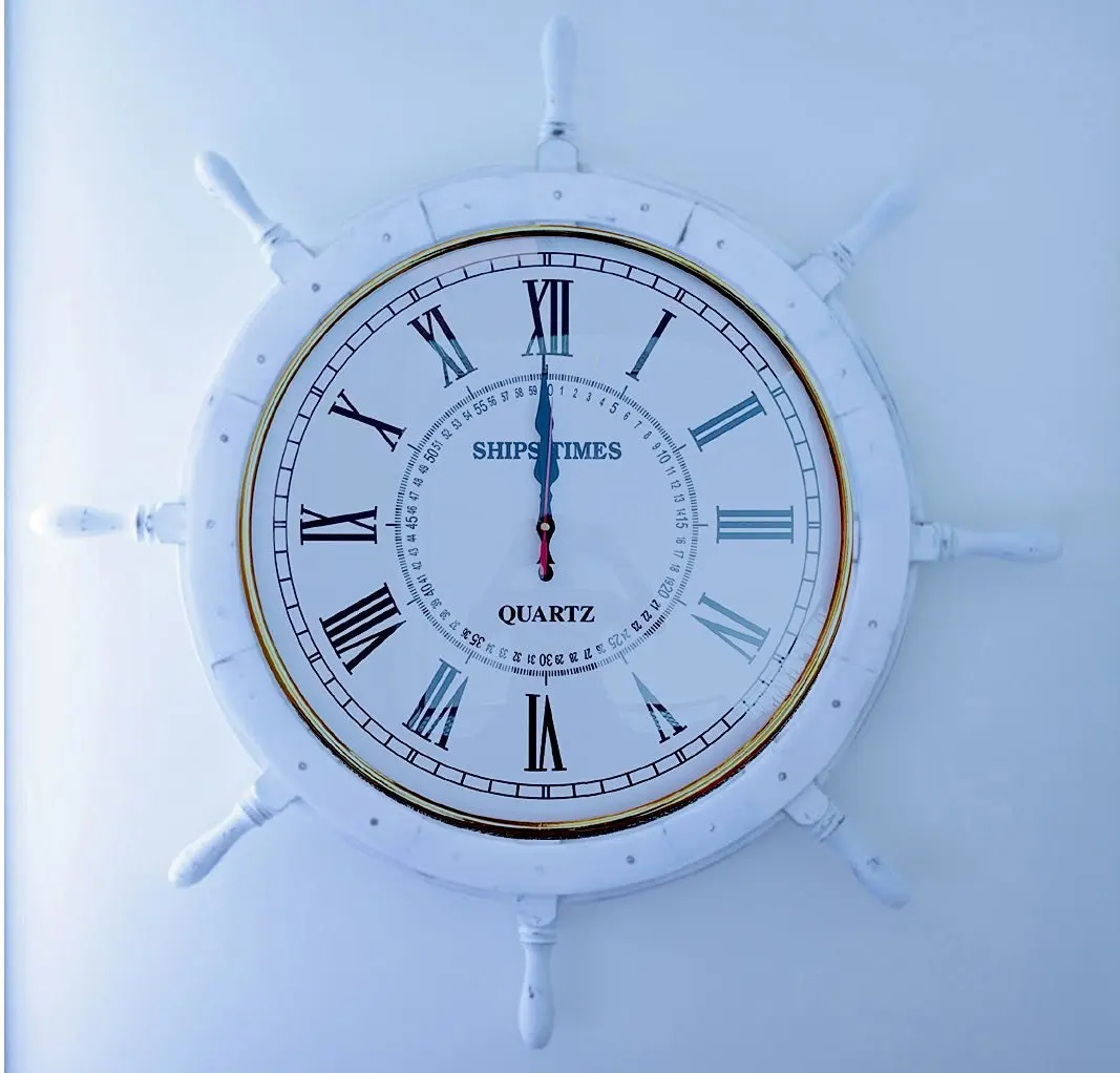 Nautical Moon Light Blue Large Wooden Ship Wheel With Ship's Time Captain's Clock - Pirate Home Decorative Clock - Nagina International (24 Inches, White Dial Face)