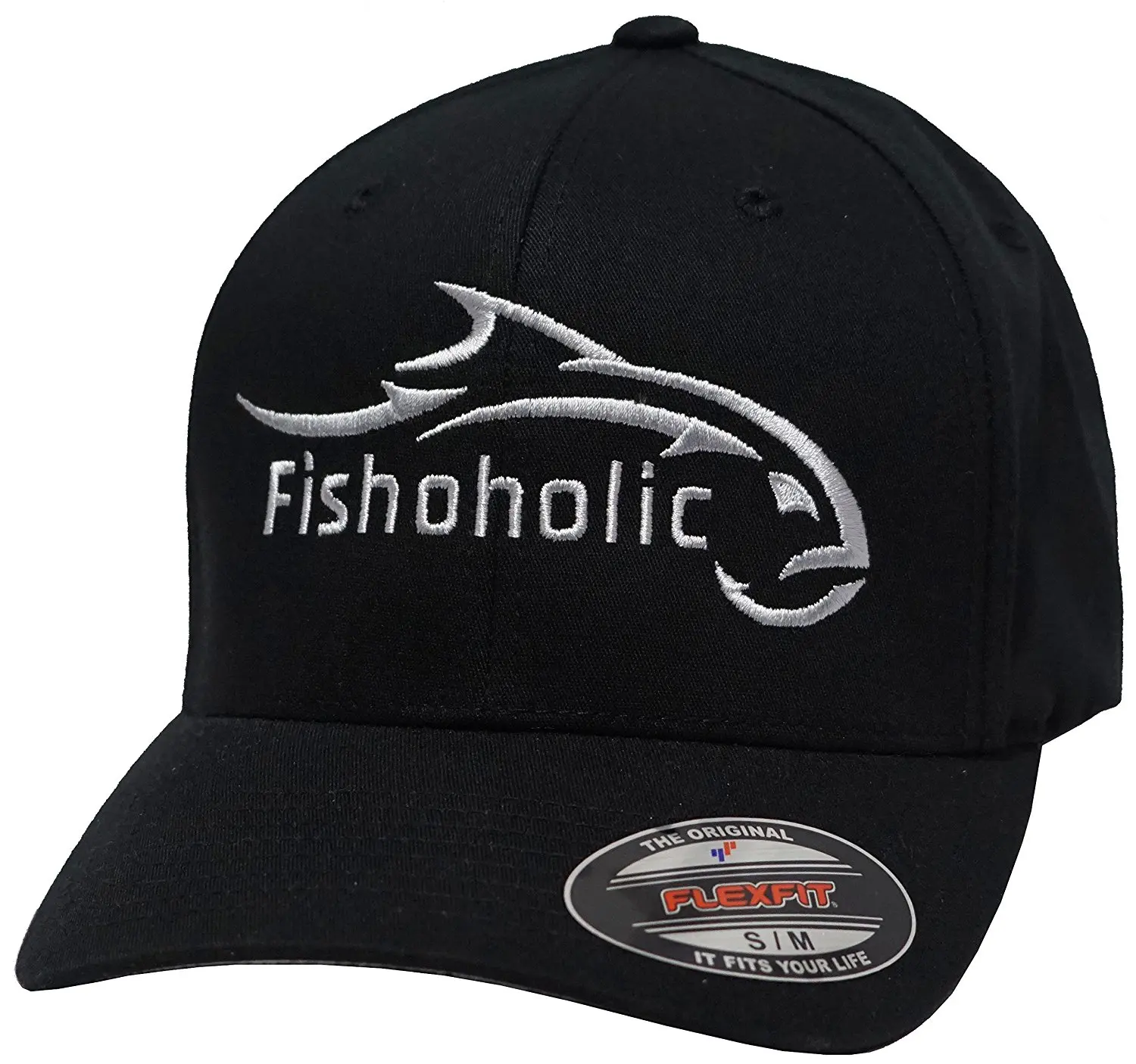 Fishoholic (R) Baseball Fishing Hat - "Bend Your Rod " on Back. FREE Sticker incl. Fishaholic Camo with Black Mesh or Flexfit - Regular or Puff Embroidery - USPTO Registered Trademark (R).