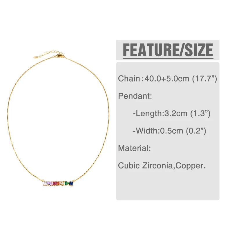 Fashion 18k gold plated cz baguette pendant necklace popular rainbow tennis necklace for women