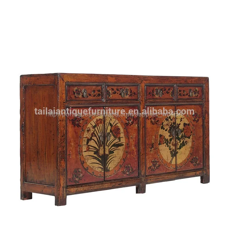 chinês beijing antigas de madeira rústica pintado aparador armário