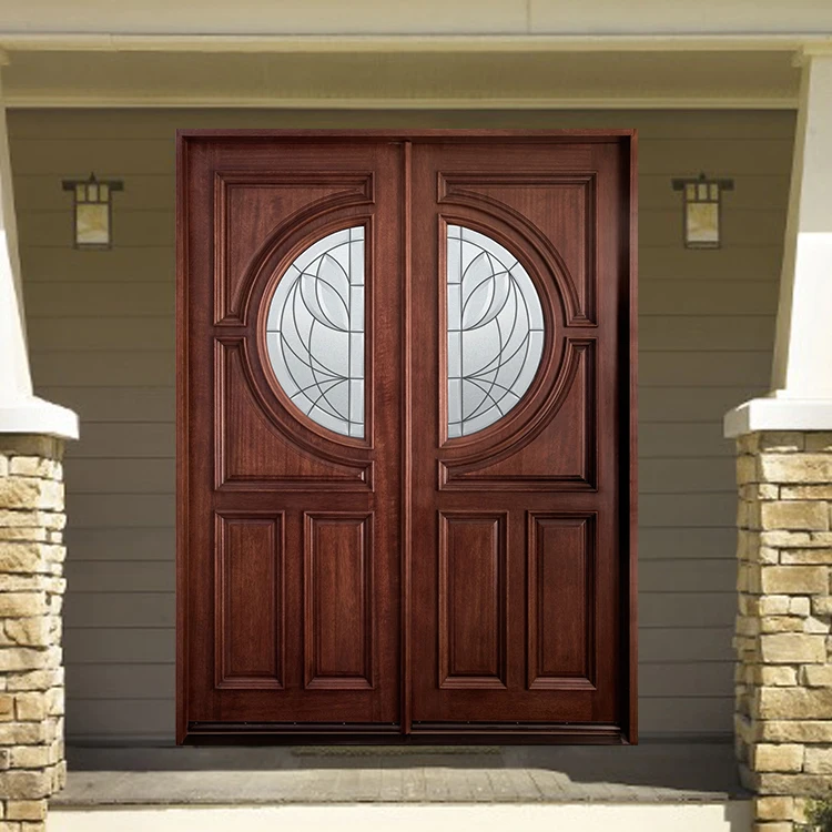 Modern Rustic Solid Mahogany Wooden Front Entry Exterior Double Doors